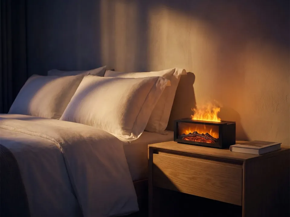 Ember diffuser casting warm ambient glow on a bedroom nightstand