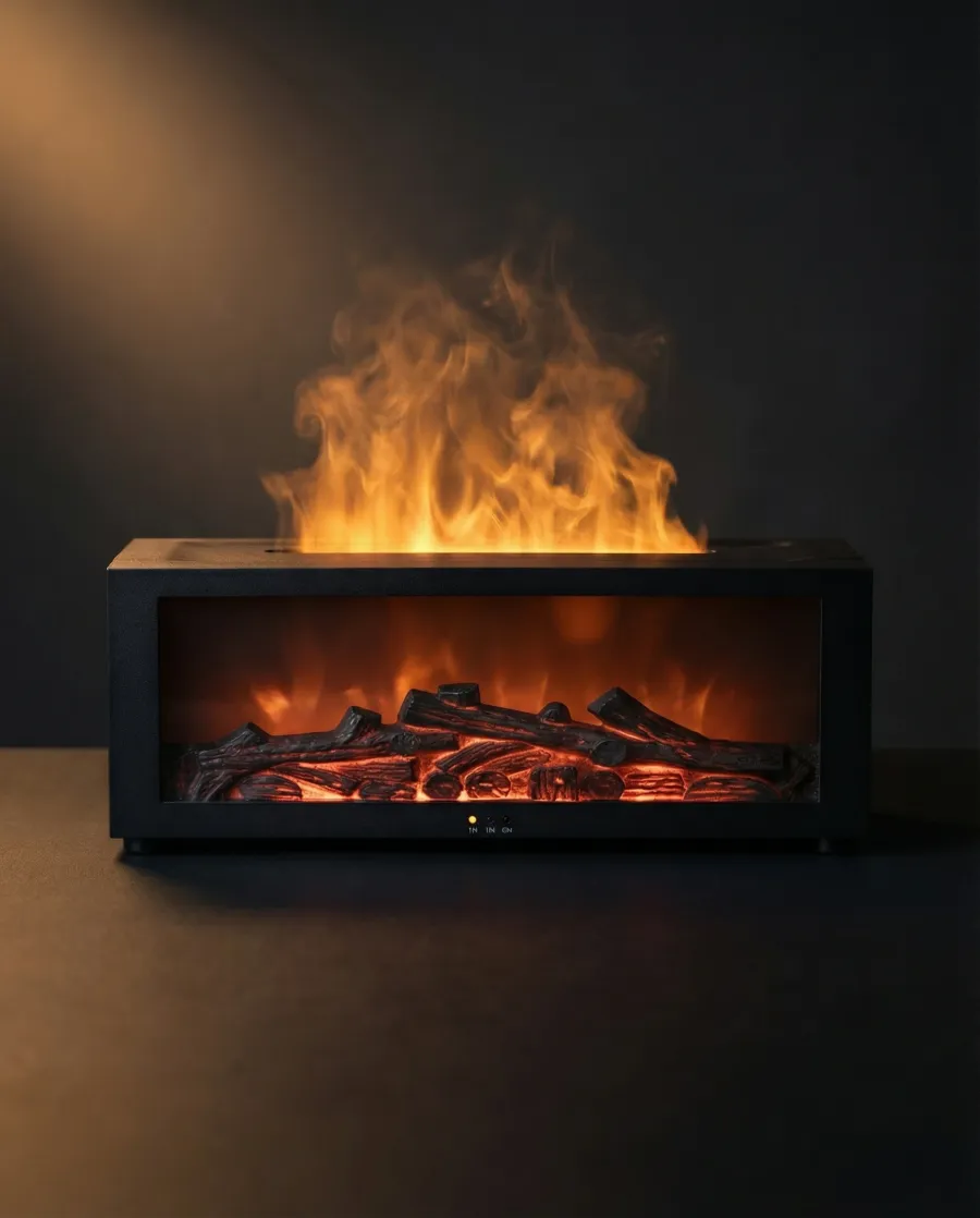Ember Diffuser Black — front view with flame